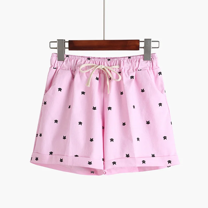 Pink DANJEANER летние женские домашние повседневные хлопковые шорты с эластичной резинкой на талии шорты с принтом кота для самообработки шорты ярких цветов - Цвет: Pink