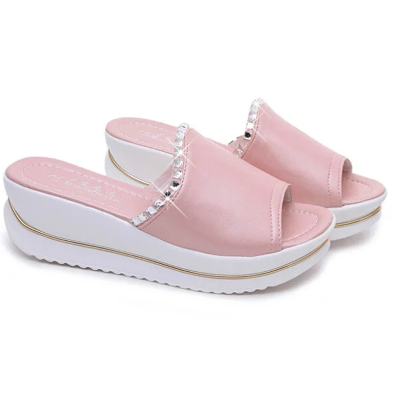 Pink Г., летние шлепанцы на платформе женские босоножки из искусственной кожи сандалии-шлепанцы обувь на танкетке со стразами - Цвет: Pink