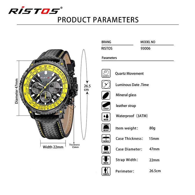 RISTOS спортивные мужские армейские часы с хронографом Модные Аналоговые кварцевые