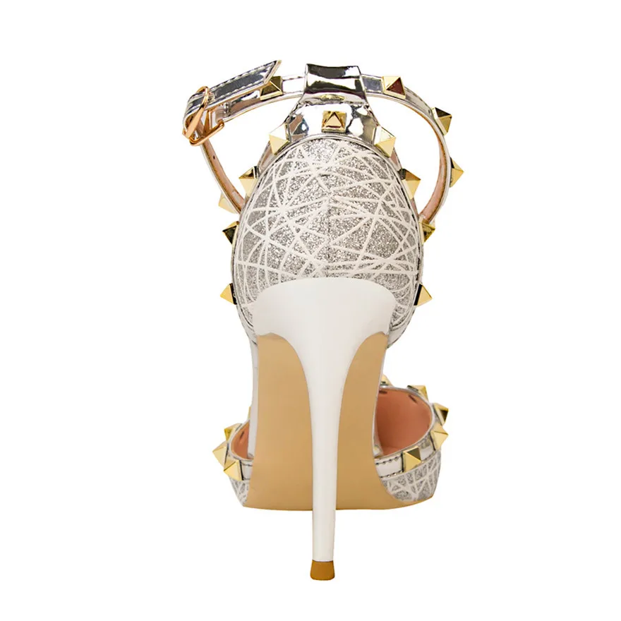 Босоножки женские из нубука с заклепками модные туфли острым носком и ремешком