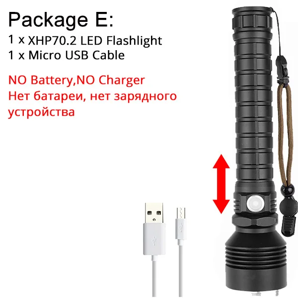Package E XHP70.2 светодиодный фонарик самый мощный XLamp XHP50 Перезаряжаемый USB Zoom фонарь XHP70 18650 26650 охотничий фонарь для самозащиты - Испускаемый цвет: Package E
