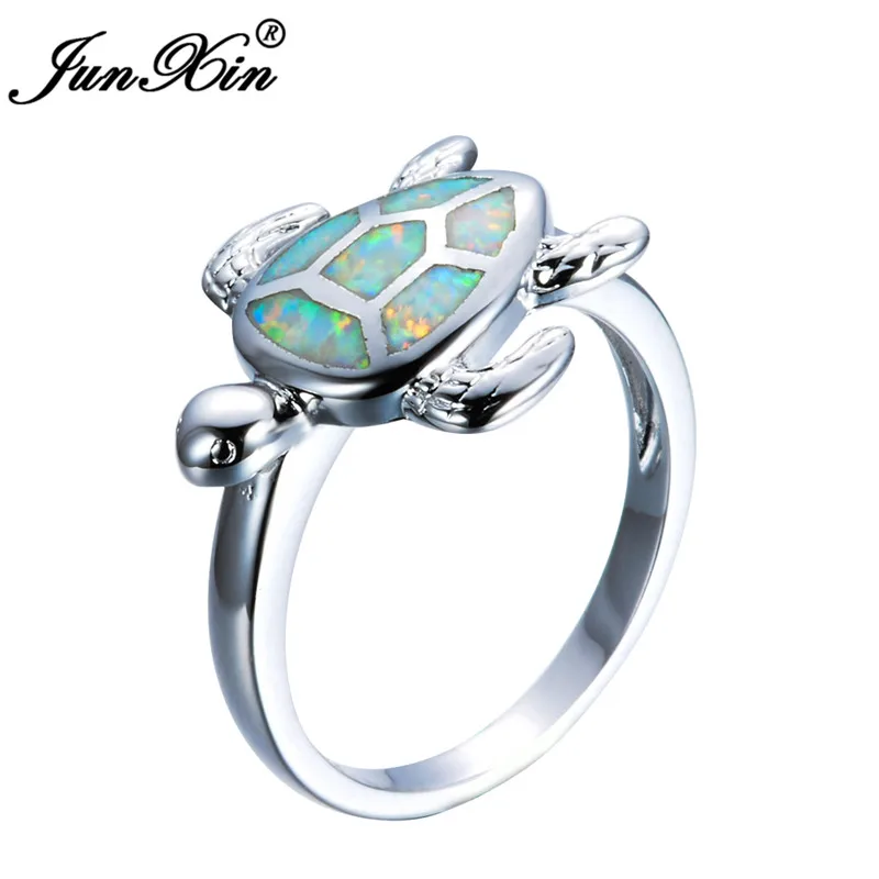 Женское кольцо JUNXIN обручальное с голубым и белым огненным опалом модное