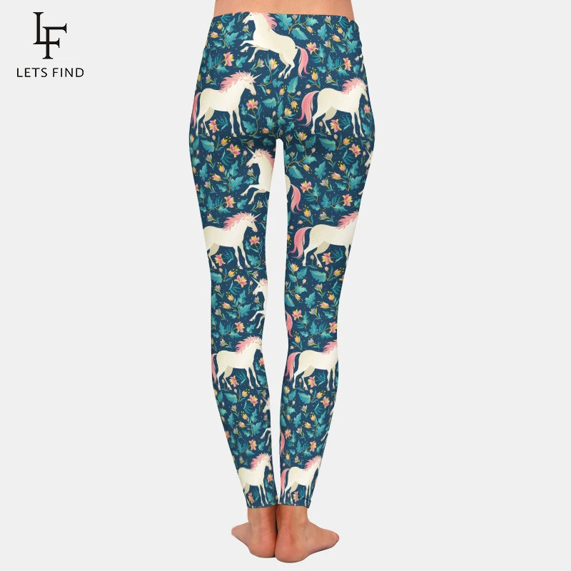 LETSFIND Модные женские черные леггинсы с высокой талией принтом единорога для