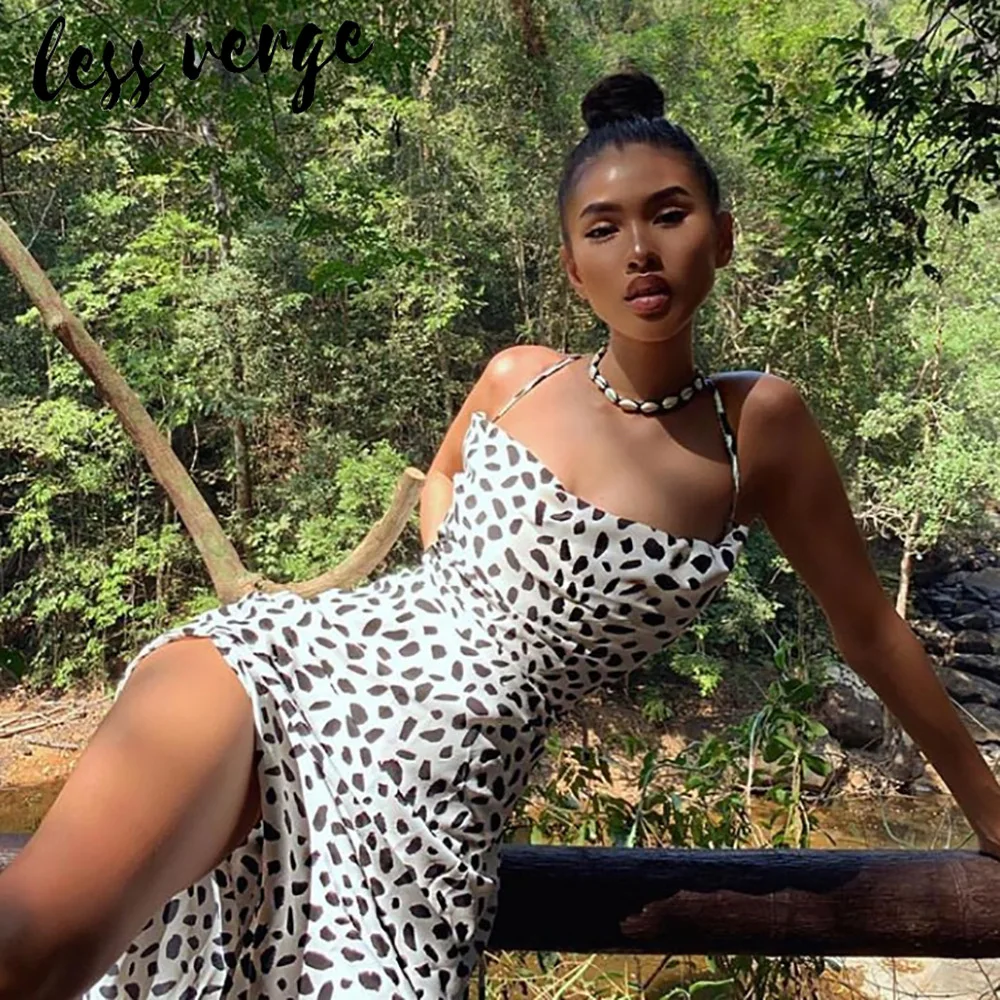 Lessverge Леопардовый принт высокое пикантное платье с разрезом женское