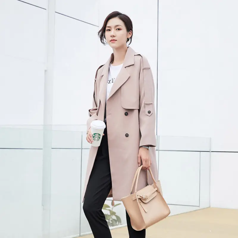 2020 Autumn New Loose Suit Windbreaker Fashion Double-breasted Simple Solid Spring Long Long-sleeved Jacket Plus Size Coat f873 | Женская
