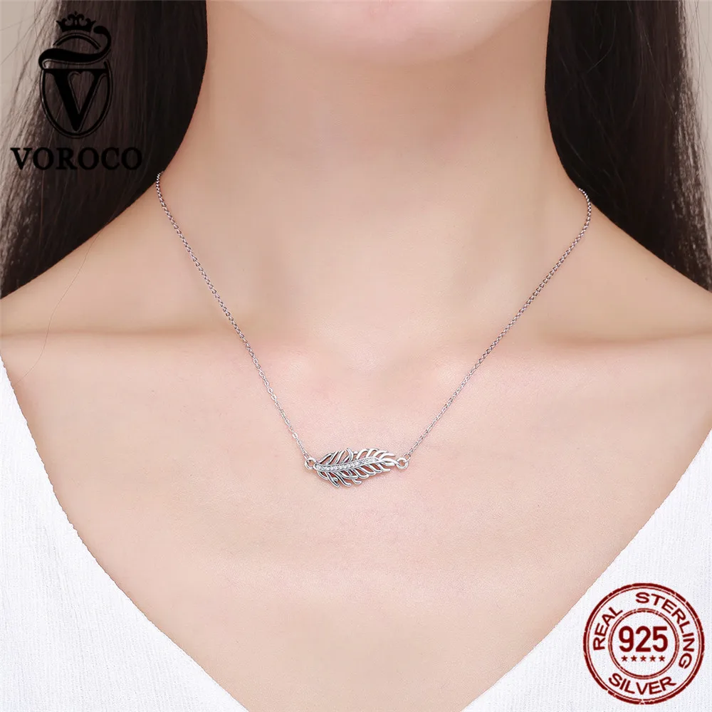 VOROCO 925 Sterling Silver Clear Cubic Zircon Leaf Necklace for Women Clothing Accessories Fine Jewelry Christmas Gifts VSN046 | Украшения