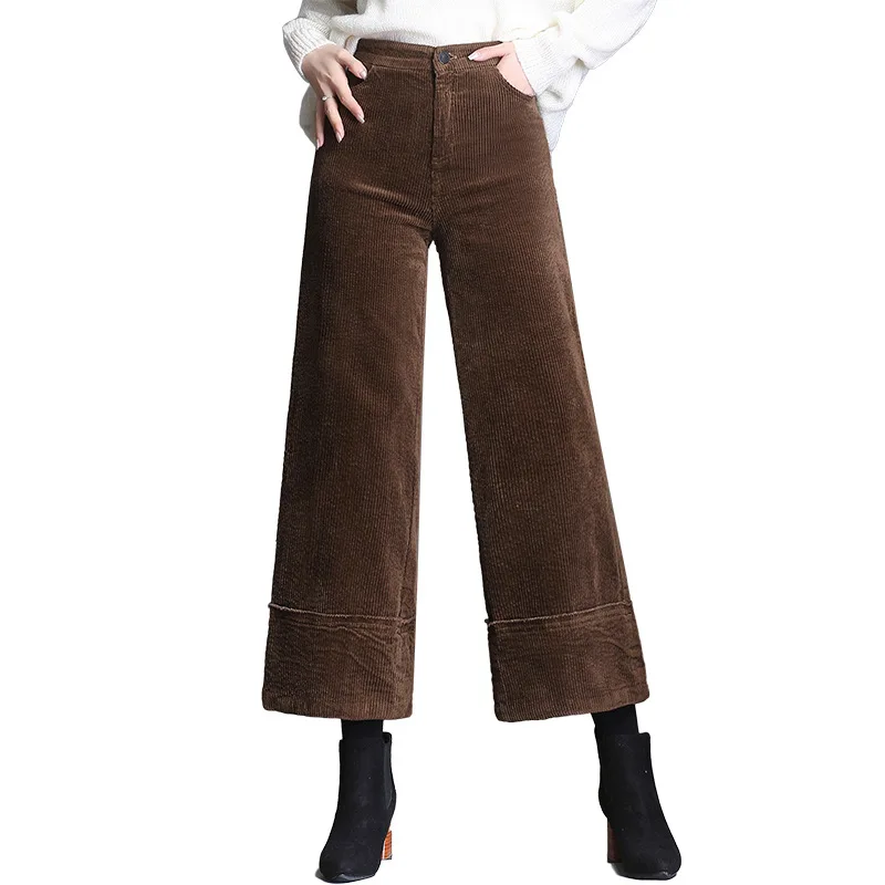 

Women's solid color corduroy wide leg pants spring and autumn and winter new high waist was thin casual nine pants AL424