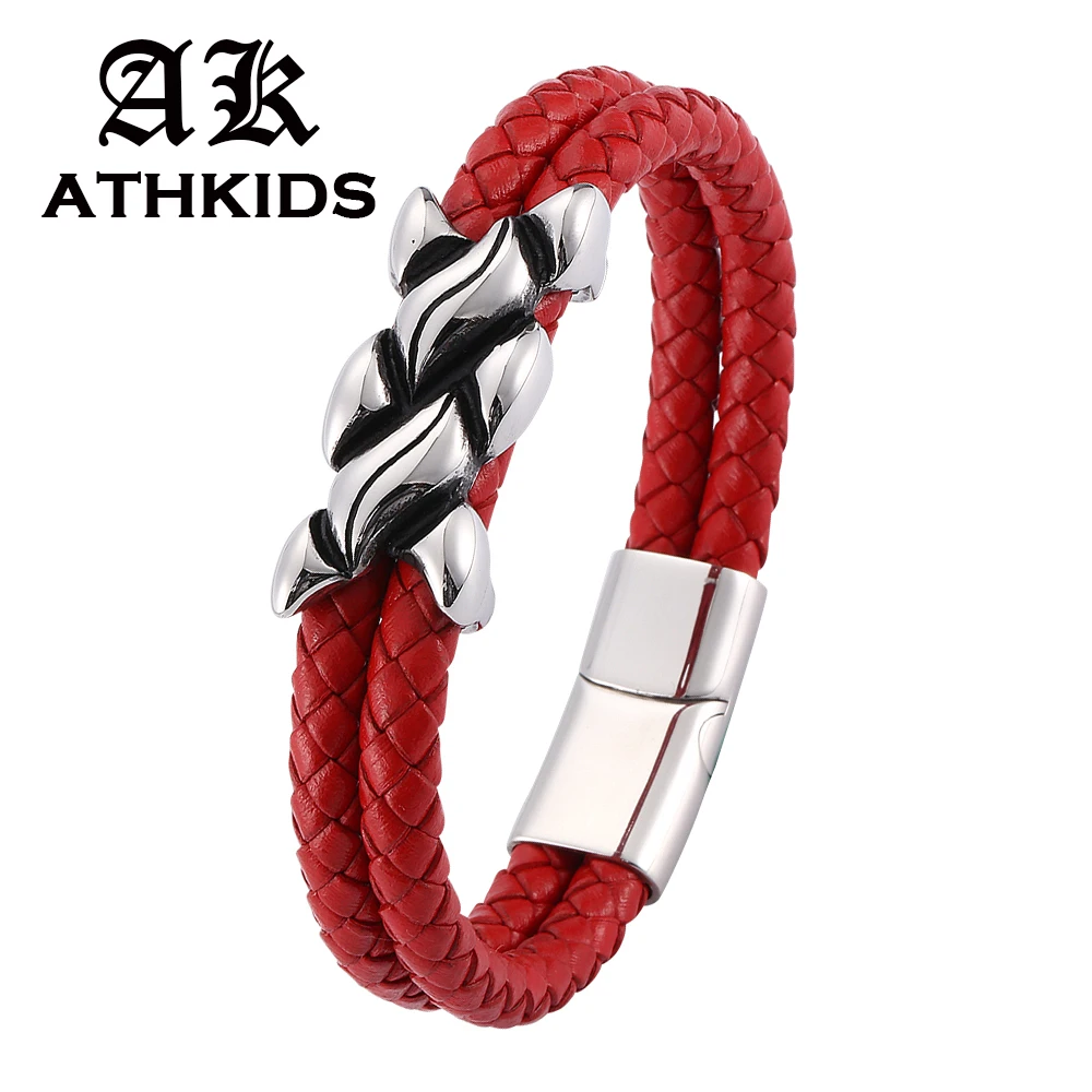 

New Unisex Jewelry Red Double layer Handmade Braided Leather Bracelet Men Women Fashion Jewelry Charm Bracelet Gift PD0123