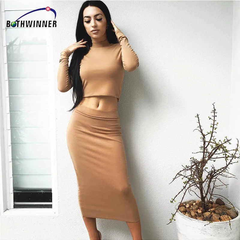 Bothwinner 2 Pieces Bandage Elegant Two Piece Outfits Set Dresses Women Pencil Winter Long Sleeve Midi Clothes | Женская одежда