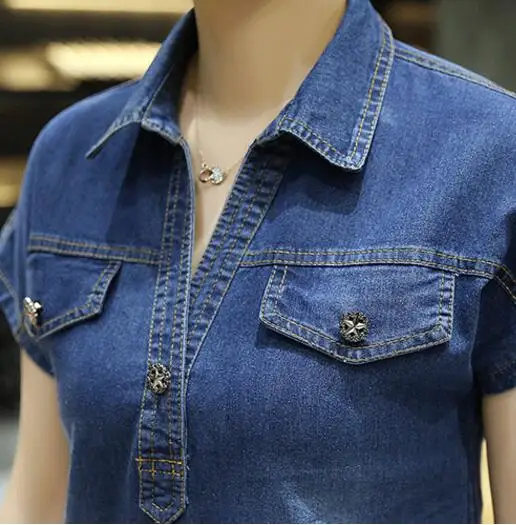 Офисное женское джинсовое платье лето осень хит продаж короткий рукав отложной