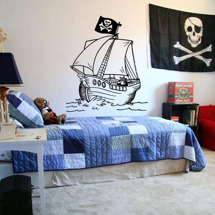 Etiqueta de pared de Barco Pirata niños adolescentes dormitorio casa decoración bandera patrón de dibujos animados vinilo pared pegatina personalizado Mural S280