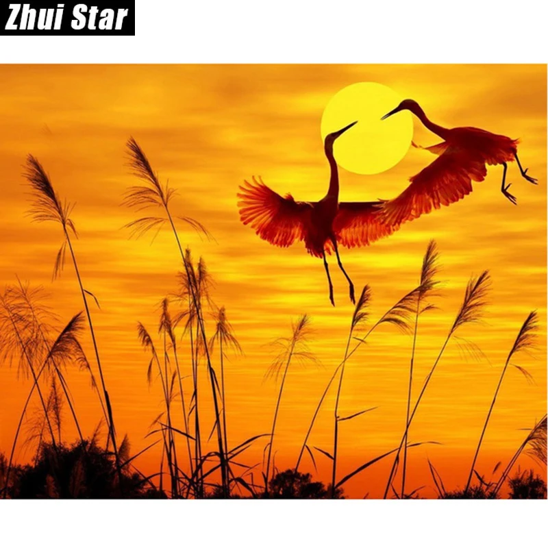 

3d diy diamond embroidery painting sunset crane rhinestones picture needlework diamond mosaic paint on canvas handwork AB050 ZS
