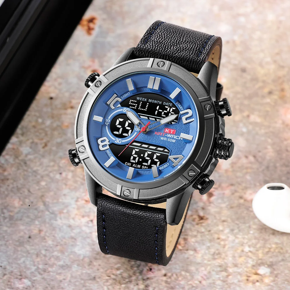 Мужские кожаные спортивные Военная аналоговые часы Dual Time Водонепроницаемый кварцевые наручные часы мужской часы Relogio Masculino Мода синий лицо
