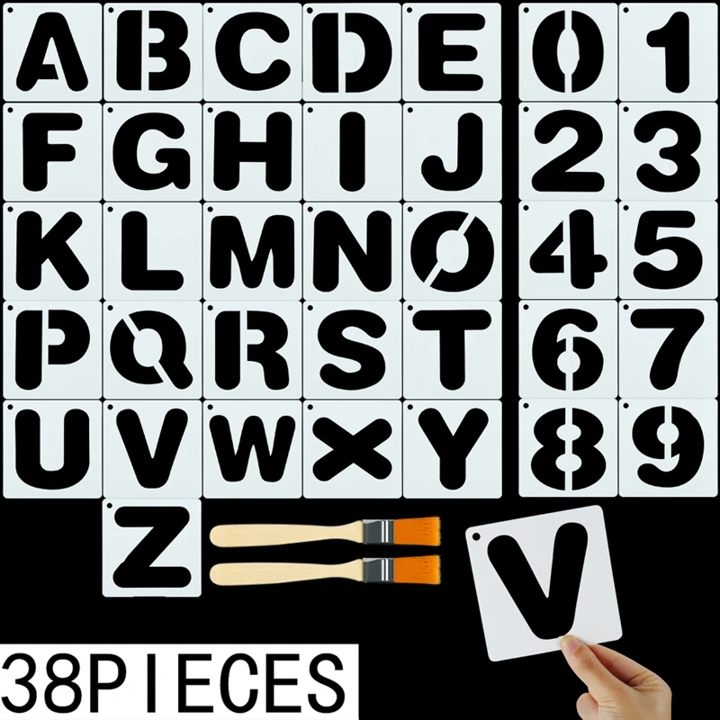 

36 Templates + 2 Brushes / Sets Alphabet English Letters Stencils Painting Scrapbooking Stamping Embossing Album Paper Template