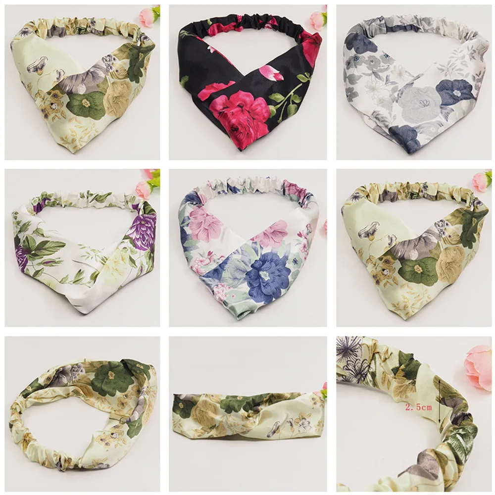 

Vintage Bohemian Wide Knot Elastic Headbands Rose Flower Cross Turban Women Ladies Fabric Hair Bands Headwear