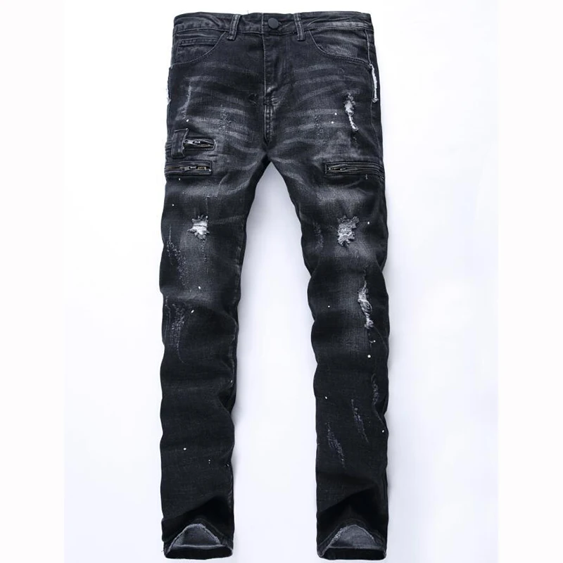 9852black HMILY, известный бренд, модные дизайнерские джинсы для мужчин, прямые, темно-синие, с принтом, мужские джинсы, рваные джинсы, хлопок, мужские - Цвет: 9852black