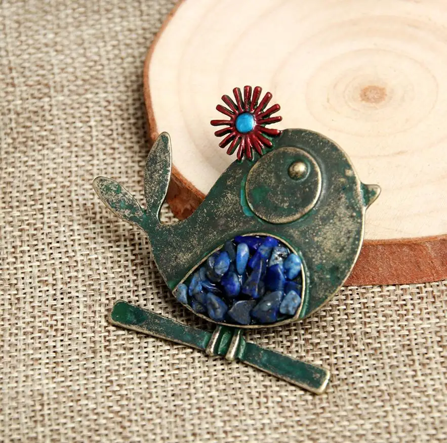 Cute Bird Brooches Ancient Tin/Verdigris Patina Animal Stone Brooch Pins Gifts Dress Jewelry | Украшения и аксессуары