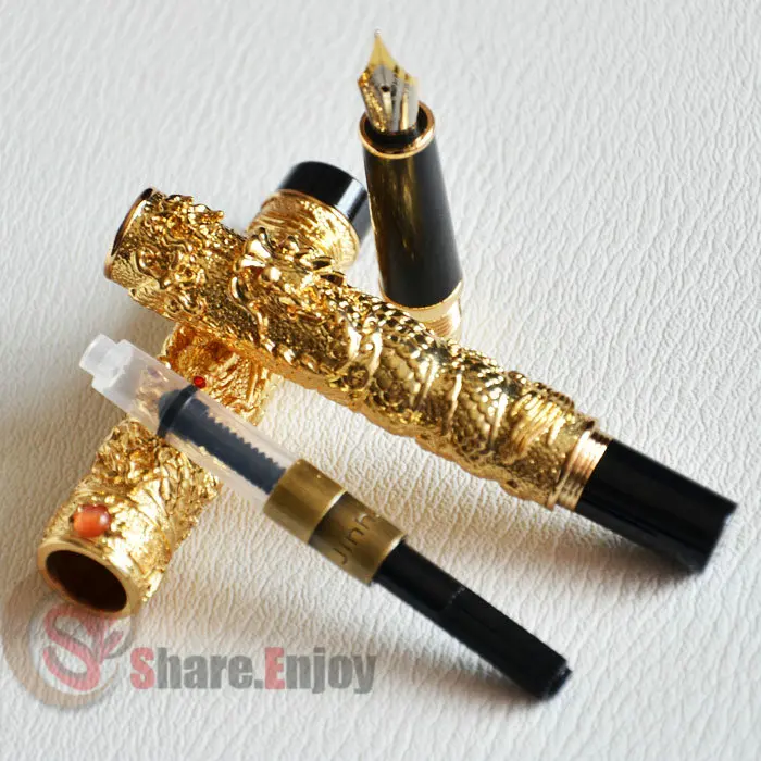 Перьевая ручка JINHAO GOLDEN TWO DRAGON PLAY PEARL 18KGP с тонким наконечником и кристаллом|pen light|pen