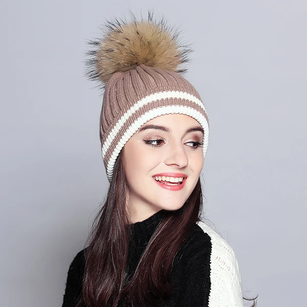 Beanies Лоскутные элегантные шерстяные вязанные шапки высокого качества помпон из меха енота Новая модная шапка Femme# MZ731 - Цвет: Coffee