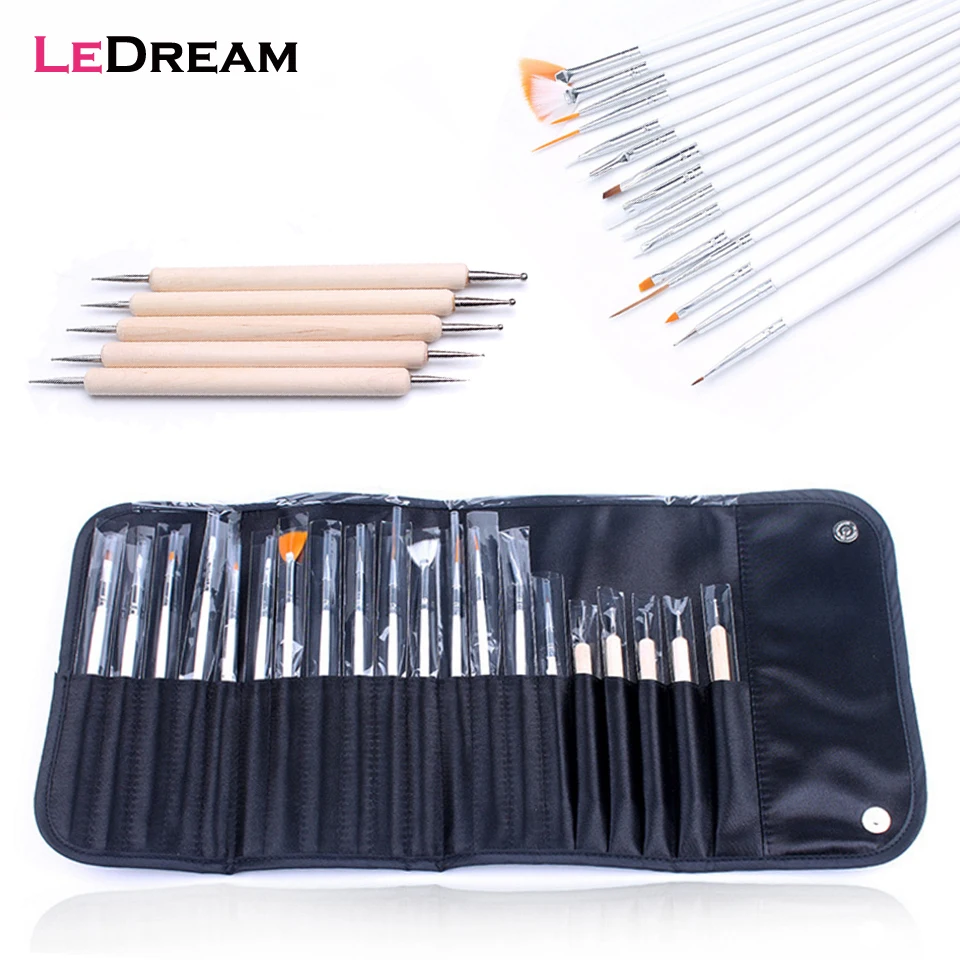 20pcs/kit UV Gel 5pcs Point Drill Painting Pen Dotting 15pcs Nail Art Brushes Set For Salon Manicure DIY Tools With Bag | Красота и