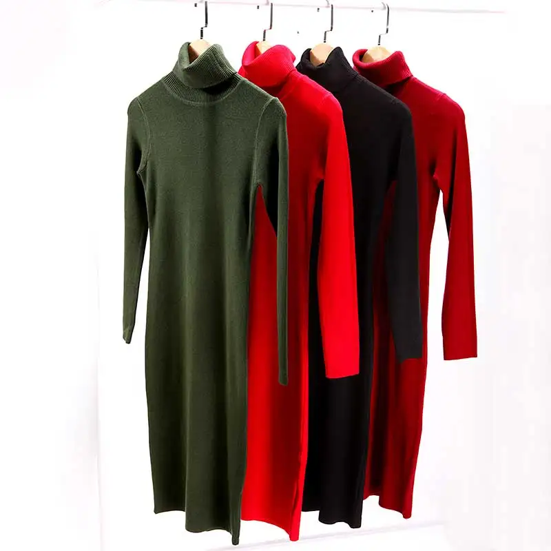 4PCS As The Picture GLO-STORY упаковка из 4 шт. женское осеннее однотонное базовое облегающее трикотажное платье-свитер с воротником-хомутом зимнее приталенное платье Vestidos WYQ-7628 - Цвет: 4PCS As The Picture