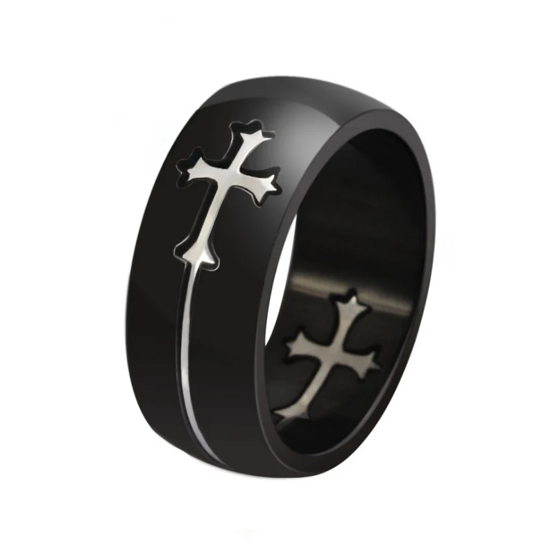 Silver color cross Золотое серебряное кольцо с крестом для женщин и мужчин, черное кольцо из нержавеющей стали, мужское повседневное ювелирное изделие, обручальное кольцо, разделяемое кольцо - Цвет основного камня: Silver color cross