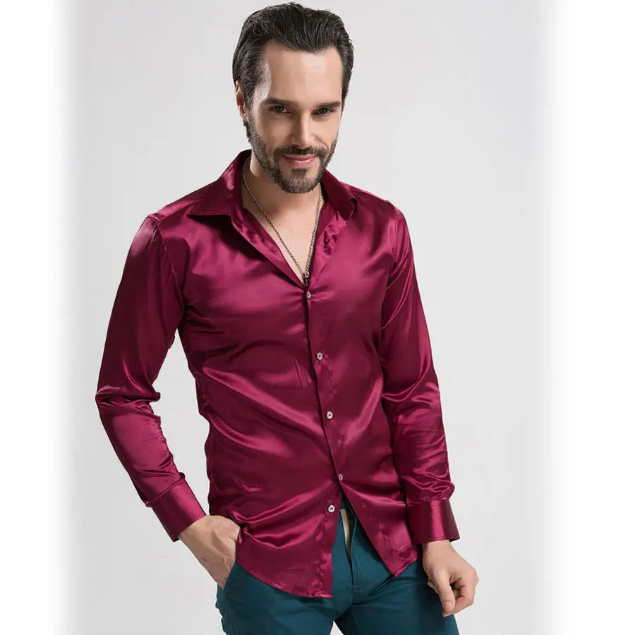 Рубашка мужская с длинным рукавом Повседневная блуза из искусственного шелка