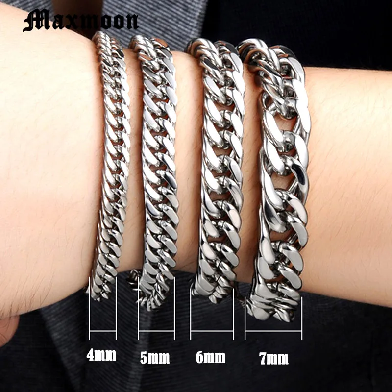 

Maxmoon Women's Men's Bracelet Stainless Steel Cuban link Chain Bracelets Silver Color Fashion Wholesale Jewelry