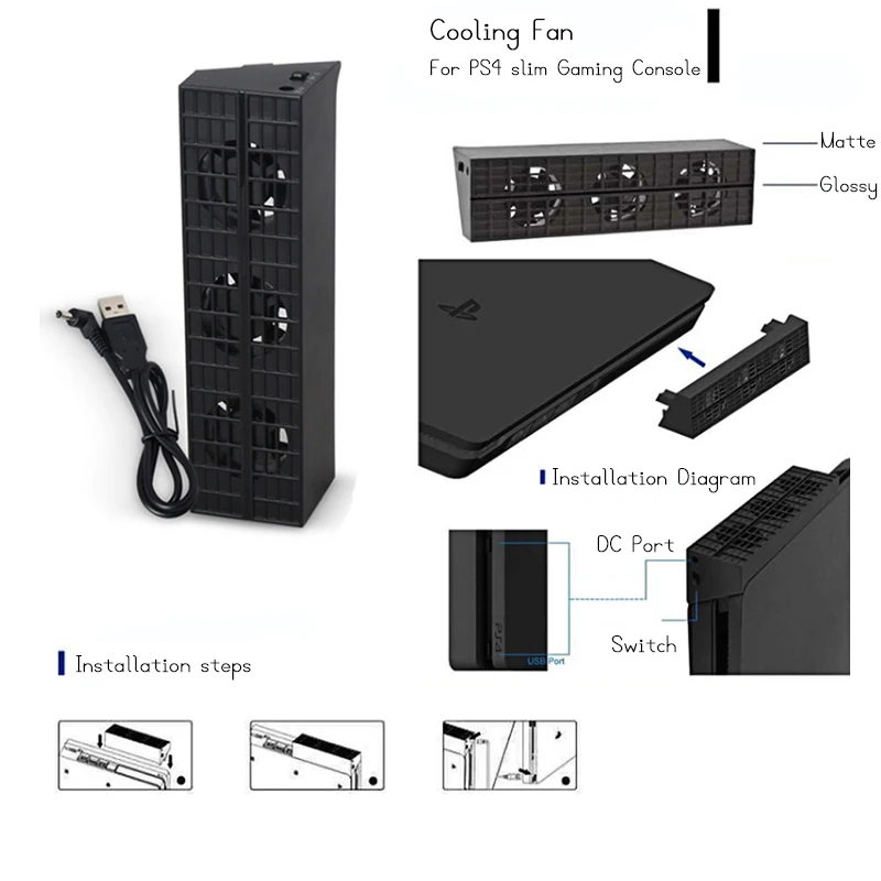 Черный охлаждающий вентилятор USB 3 охлаждающих вентилятора для Playstation PS4 тонкая