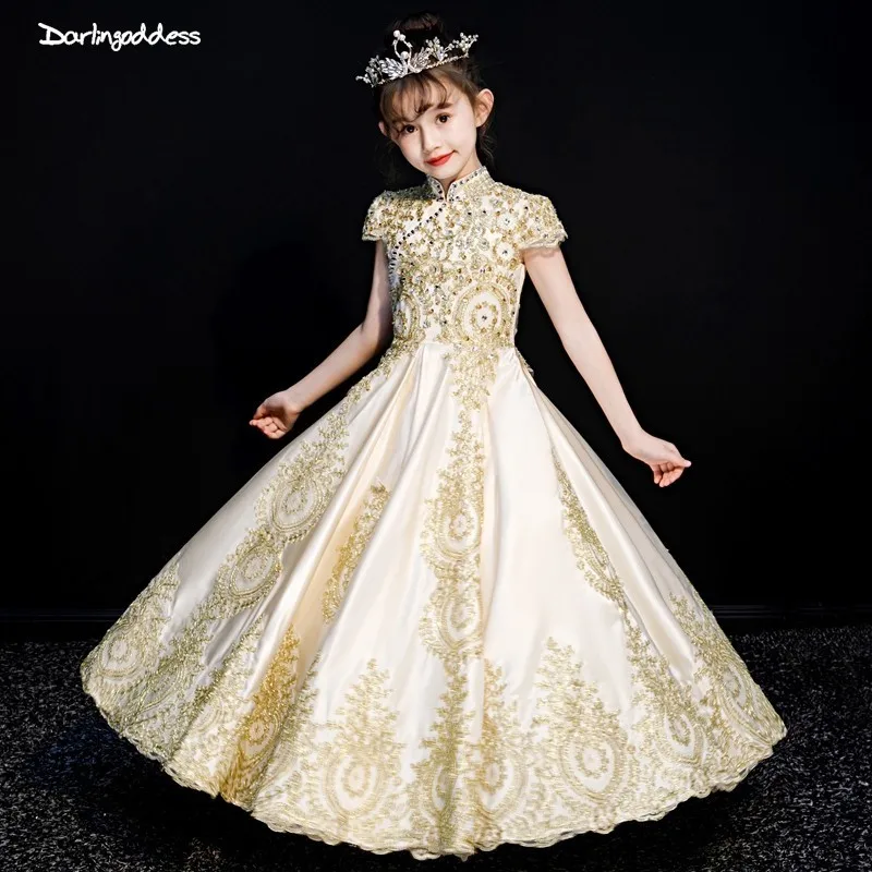 as the picture Vestido daminha/роскошное черное фатиновое Золотое кружевное платье с цветочным узором для девочек на свадьбу; коллекция года; Бальные платья с короткими рукавами для девочек; платье для выпускного вечера - Цвет: as the picture