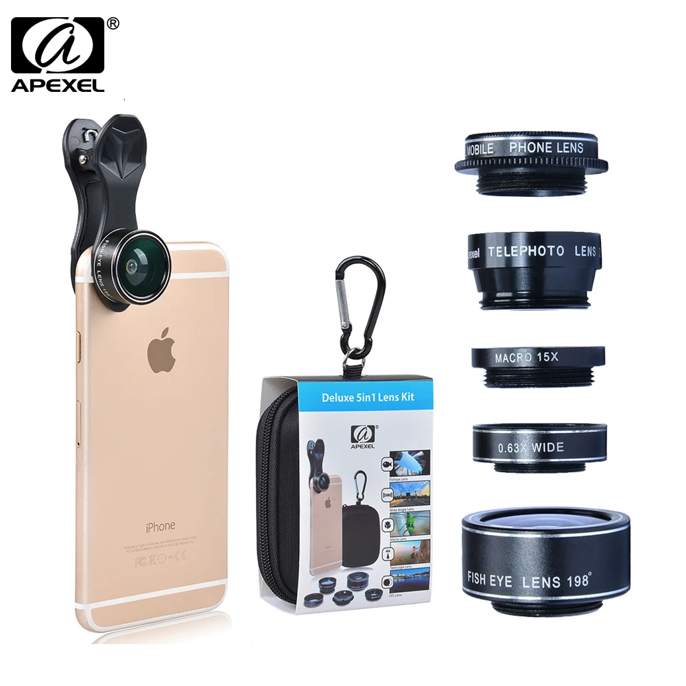 APEXEL 5 в 1 HD Камера объектив Комплект для iPhone 6/6s плюс SE samsung Galaxy s7/S7 край S6/S6 края и