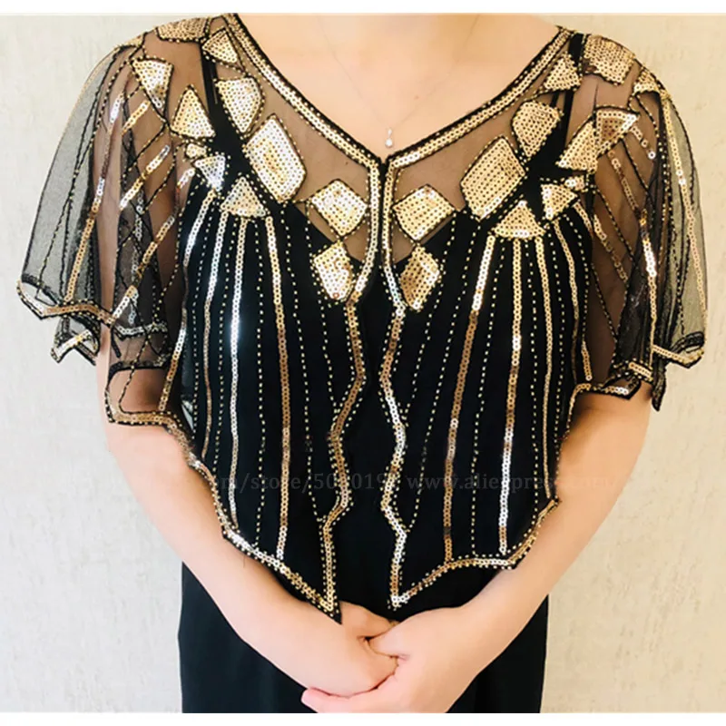 gold shawl Женская винтажная накидка с блестками и бусинами, вечернее платье, женская Пляжная накидка, Солнцезащитная Короткая шаль, пальто, лето, 20 s - Цвет: gold shawl