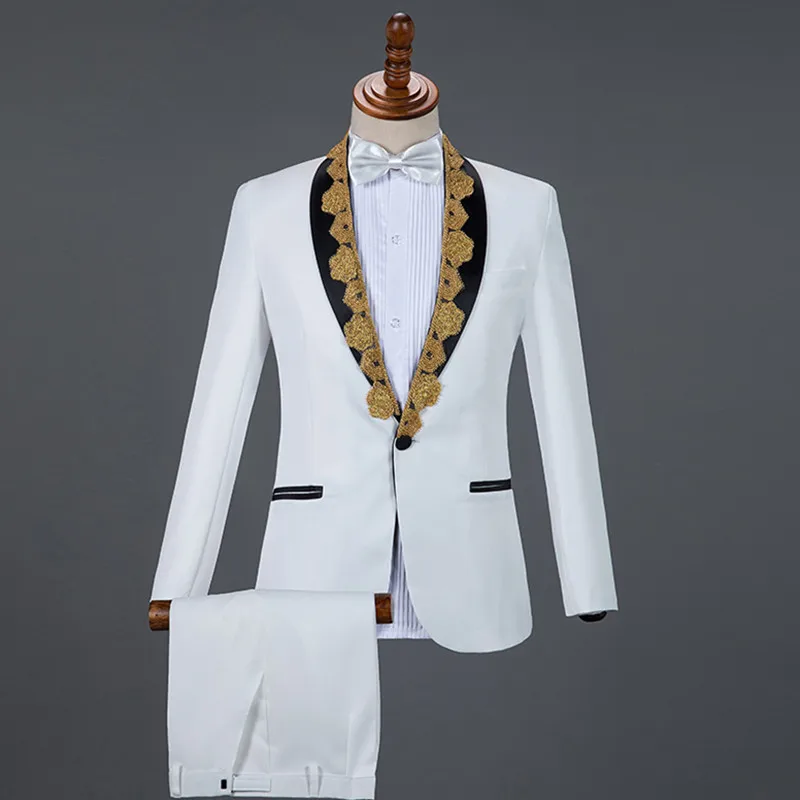 

2019 Autumn Men's Suits White Black Red Blue Sequins Collar Tuxedo Blazers Male Singer Host Chorus Performance Stage Costume