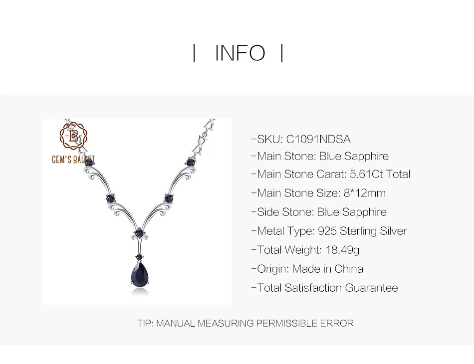 GEM'S балетная роскошь 5.61Ct Натуральный Синий сапфир драгоценный камень кулон ожерелье для женщин 925 пробы серебро Винтаж ювелирные изделия