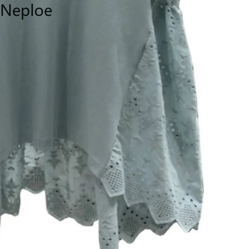 Neploe кружевные лоскутные женские футболки лето 2019 модные с круглым вырезом и