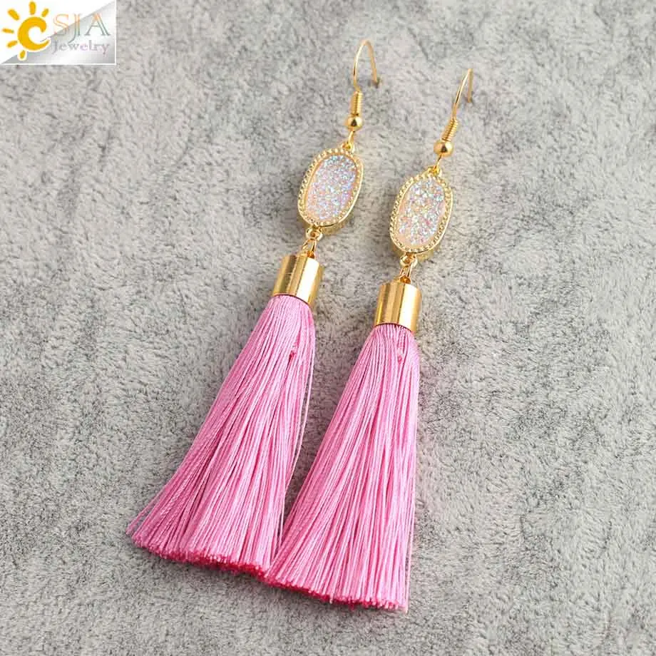 CSJA длинные женские серьги с кисточками Boho натуральный кристалл Druzy Druse висячие