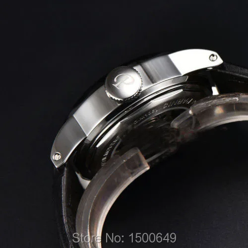 

Parnis 44mm black dial Steel Sapphire Power Reserve soft leather strap Automatic date Watch