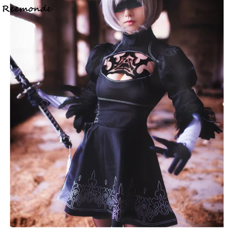 

Game NieR: Automata YoRHa No 2 Type B Cosplay Costumes Sexy Black Dress With Gloves 2B Synthetic Wigs For Women Girls Full Dress