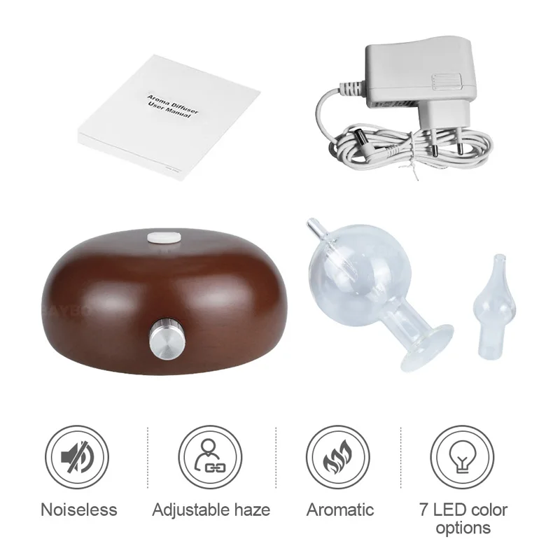 

KBAYBO essential oil diffuser Aroma air purifier Wood and Glass Aromatherapy Diffuser mist maker fogger with 7 colors LED light