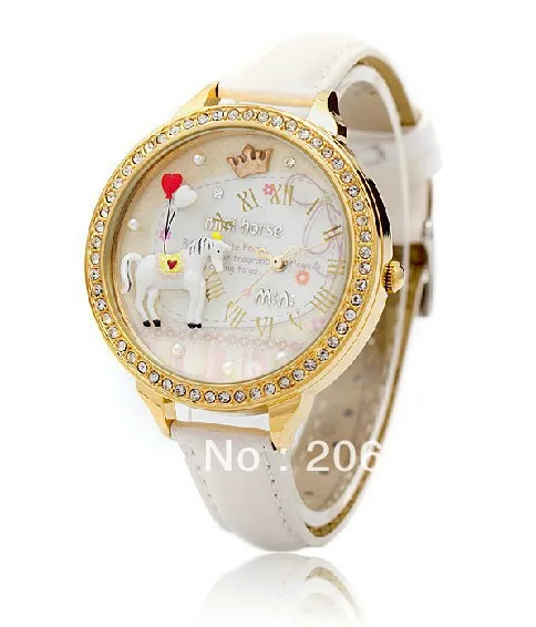 

MNS1018A MINI watch double layer glass 3D Horse watch DIY Handmade Genuine Leather Quartz Ladies watch 1pc+free shipping