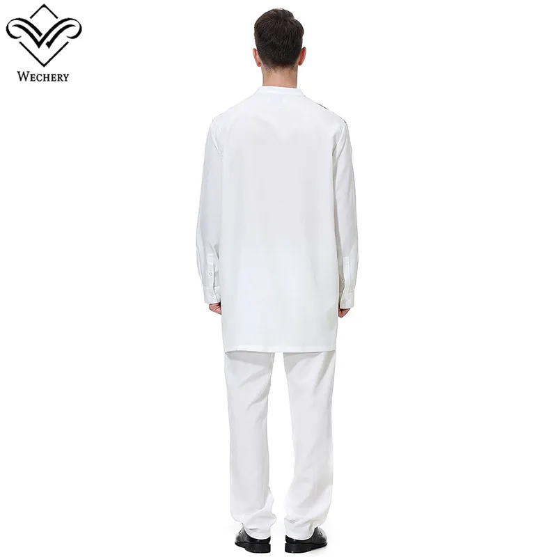 

Wechery Islamic Men Arabic Qatar Saudi Formal Costume Spliced Long Sleeve Two Pieces Clothing Tunic Suit Tops & Pants