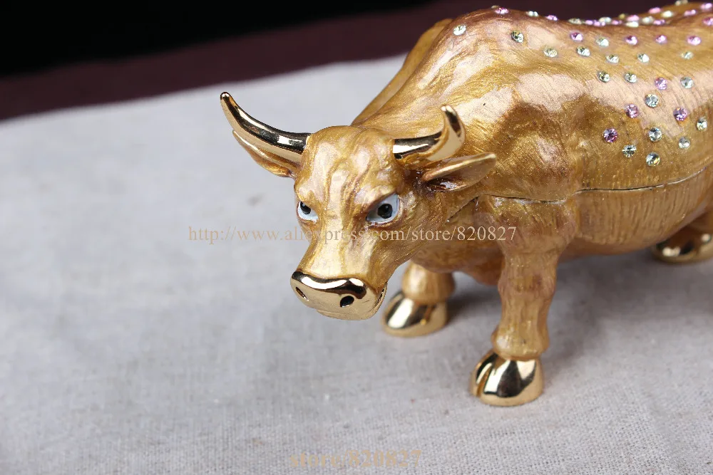 FengShui Full Crystal Design Wall Street Cow Statue Trinket Box Cow animal bejeweled trinket jewelry box figurine  ring holder