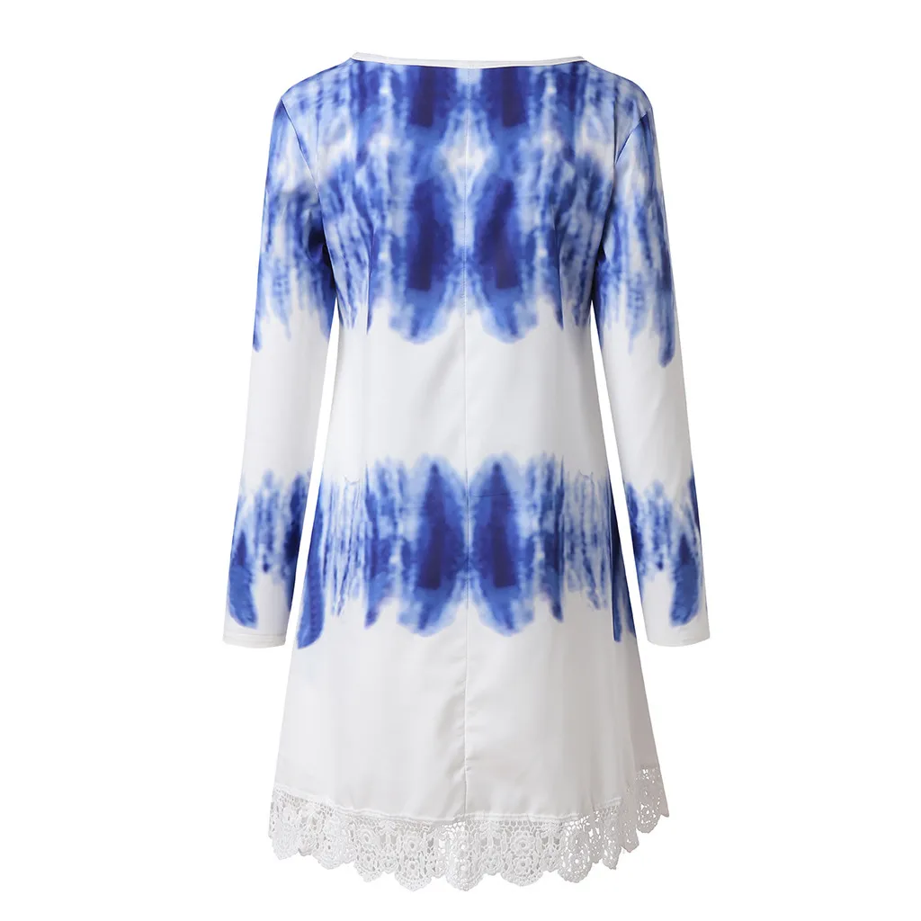 Tie dye рубашка женская с кружевным подолом свободная туника с длинным рукавом Топы Женская футболка Повседневная Женская футболка с длинным рукавом Camiseta Feminina Новинка