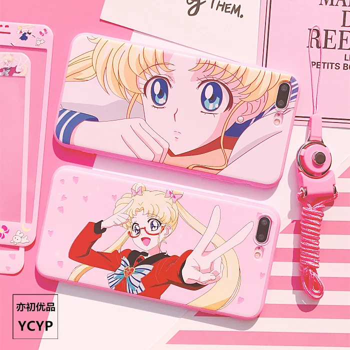 For iphone X Cute Sailor Moon Case +Tempered Glass Screen film for 7 8 8plus 6 6S plus Pink cover + Strap +Metal Gift box |