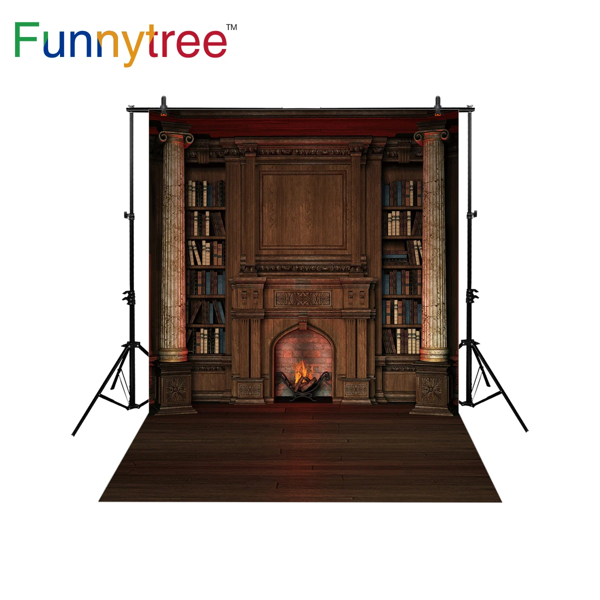 

Funnytree photo background studio fireplace bookshelf library vintage wood vinyl floor photography backdrop photophone photozone