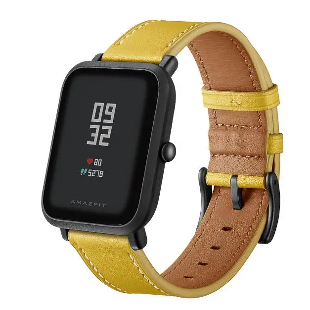 AMAZFEEL 20 мм ремешок из натуральной кожи для Xiaomi Huami Amazfit Bip BIT Смарт-часы браслет для Xiaomi Amazfit ремешок 6 цветов - Цвет: yellow