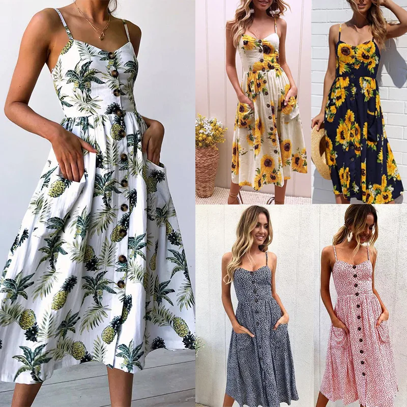 Boho Подсолнух цветочный принт летнее платье 2019 женское сексуальное v-образным