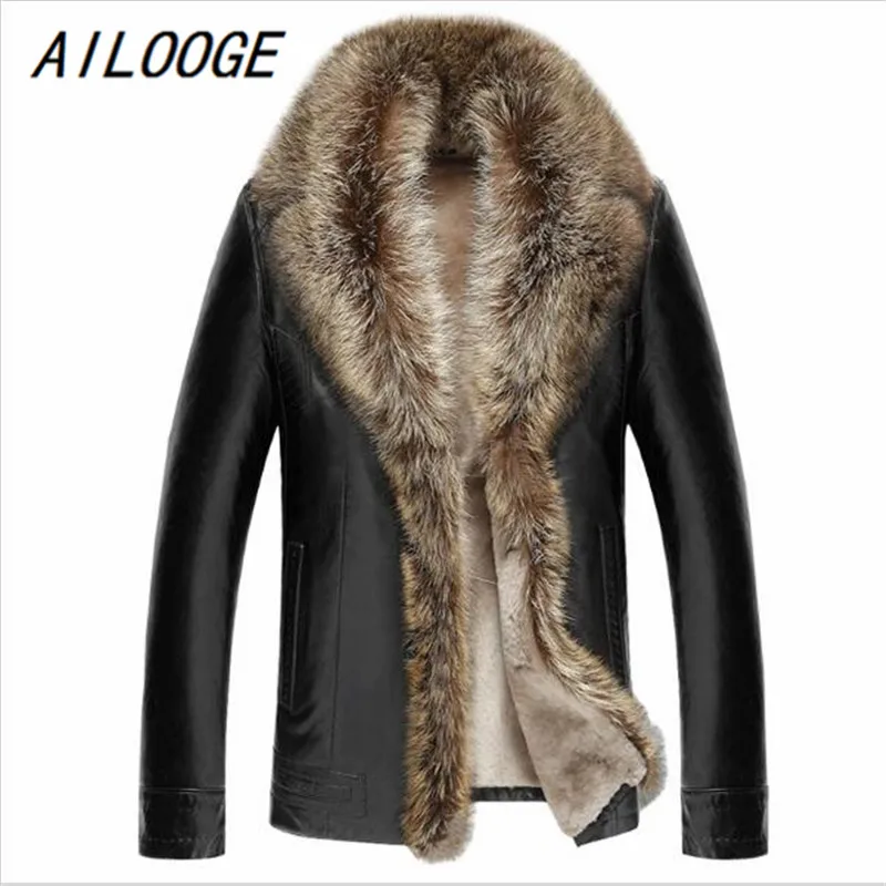 

AILOOGE 2021 брендовая мужская шуба из овчины, натуральная кожа, мех енота, овчина, американский мех енота, мужское теплое деловое пальто