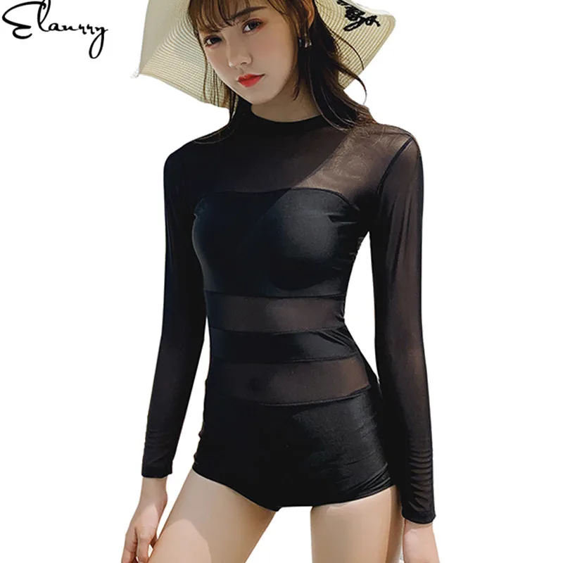 Новинка 2019 сдельный купальник с длинными рукавами прозрачный черный сексуальный
