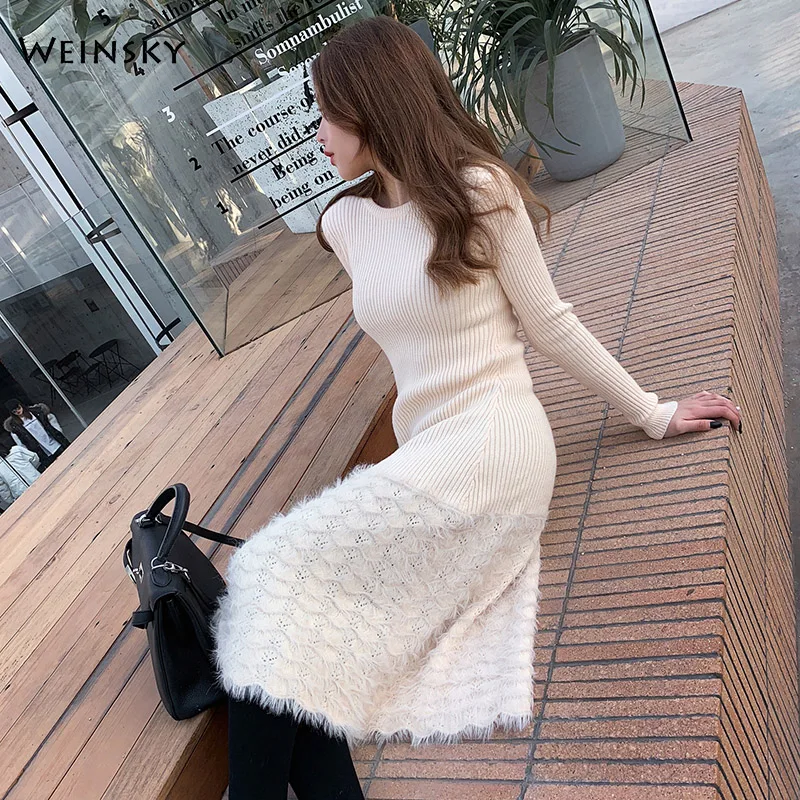 Women Knitted Sweater And Pullovers Korean Fashion Style Dress Winter And Autumn New Solid Knitted Dress